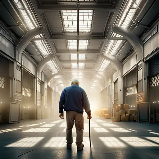 A hyperrealistic painting of an disoriented old man, inside of a massive futuristic metal mechawarehouse, cinematic, sci-fi, lens flares, rays of light, epic, matte painting, concept art, celestial, soft render, octane render, trending on artstation, 4k, 8k : 2 | blender, cropped, lowres, out of frame, blurry, bad art, blurred, text, disfigured, deformed : -2 / Stable Diffusion v.2.1 with CLIP Guidance ON
