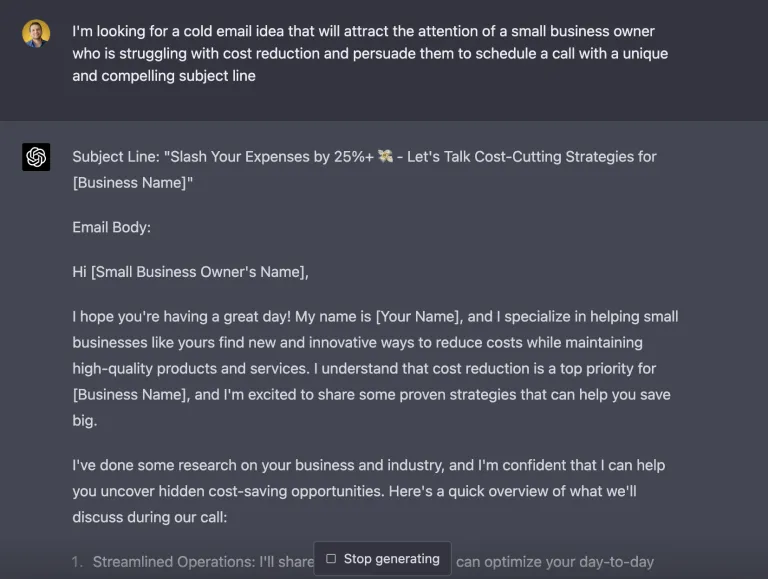 Prompt I'm looking for a cold email idea that will attract the attention of a small business owner who is struggling with cost reduction and persuade them to schedule a call with a unique and compelling subject line