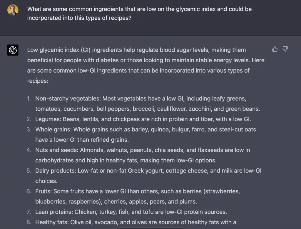 Prompt: What are some common ingredients that are low on the glycemic index and could be incorporated into this types of recipes?