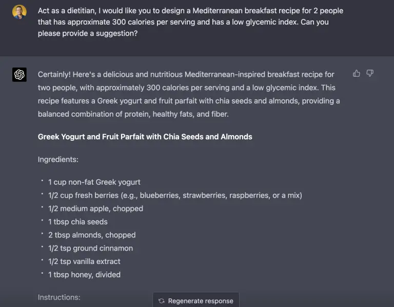 Act as a dietitian, I would like you to design a Mediterranean breakfast recipe for 2 people that has approximate 300 calories per serving and has a low glycemic index. Can you please provide a suggestion?