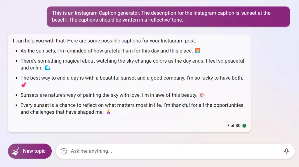 Bing prompt Instagram caption generator