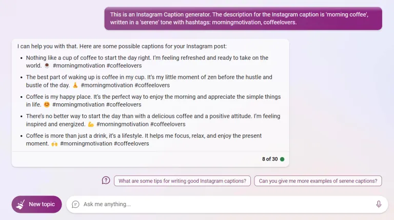 Bing prompt Instagram caption generator + hashtags